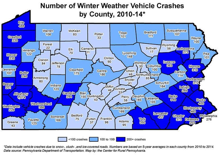 Number of Winter Weather Vehicle Crashes by County, 2010-14