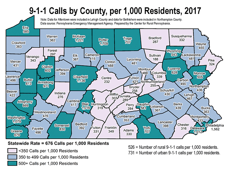 Pennsylvania Map Showing 9-1-1 Calls by County, per 1,000 Residents, 2017