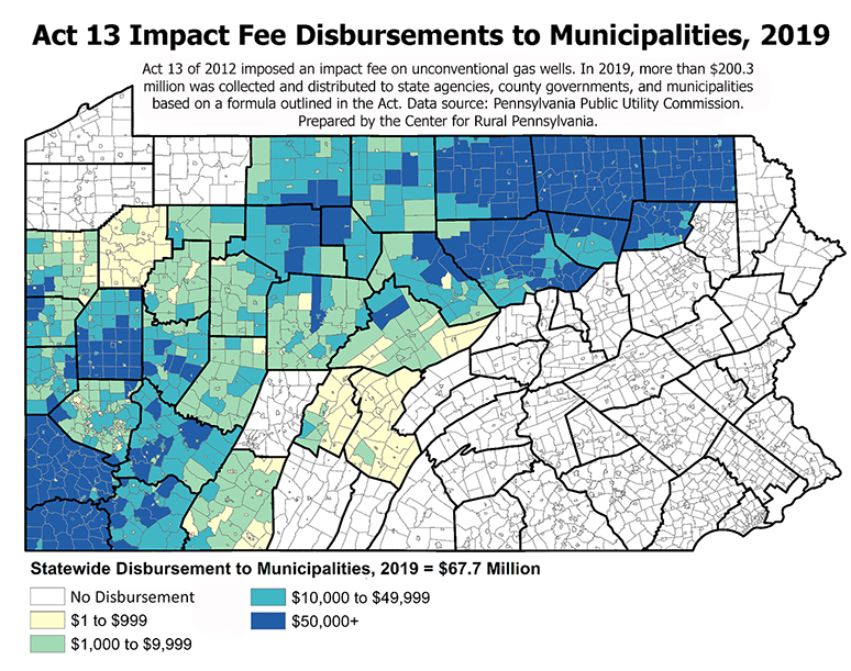 Pennsylvania Map Showing Act 13 Disbursements to Municipalities, 2019