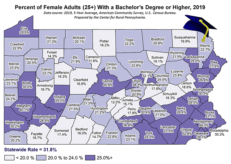 Pennsylvania Map: Percent of Adults (25+) With a Bachelor's Degree or Higher, 2019