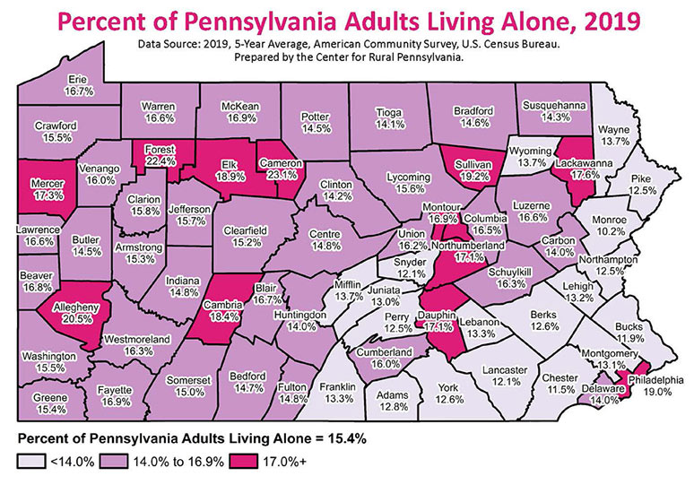 Map: Percent of Pennsylvania Adults Living Alone, 2019