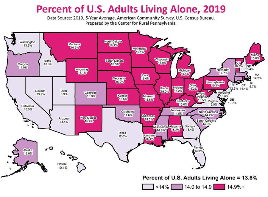 Map: Percent of United States Adults Living Alone, 2019