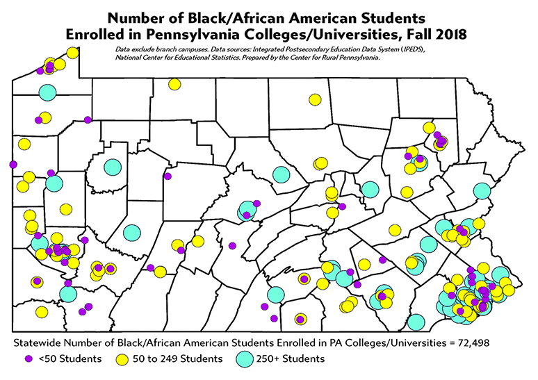 Map Showing Number of Black/African American Students Enrolled in Pennsylvania Colleges/Universities, Fall 2018