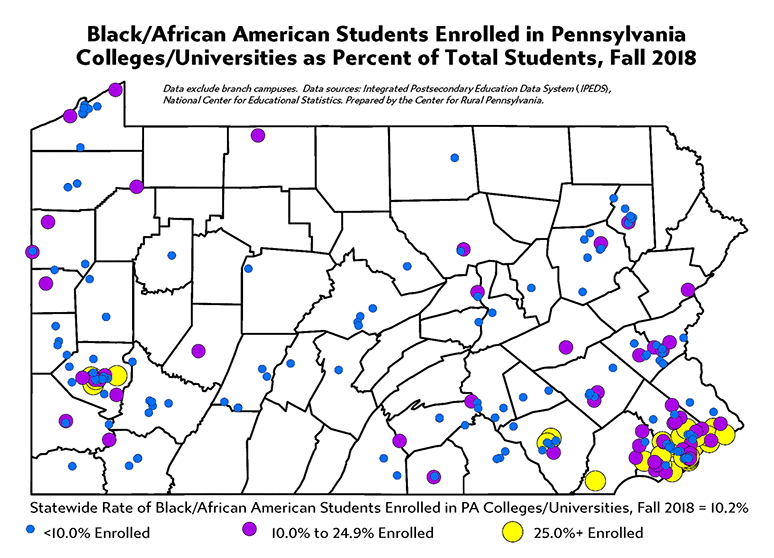 Map Showing Black/African American Students Enrolled in Pennsylvania Colleges/Universities as Percent of Total Students, Fall 2018