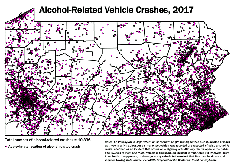 Pennsylvania Map Showing Alcohol-Related Vehicle Crashes, 2017