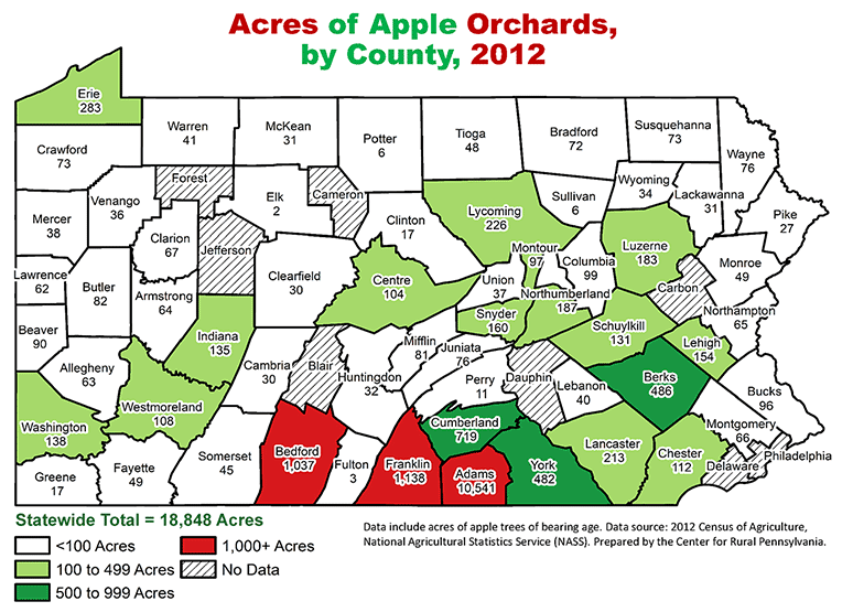 Pennsylvania Map Showing Acres of Apple Orchards, by County, 2012