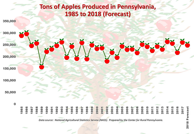 Infographic Showing Tons of Apples Produced in Pennsylvania, 1985 to 2018 (Forecast)