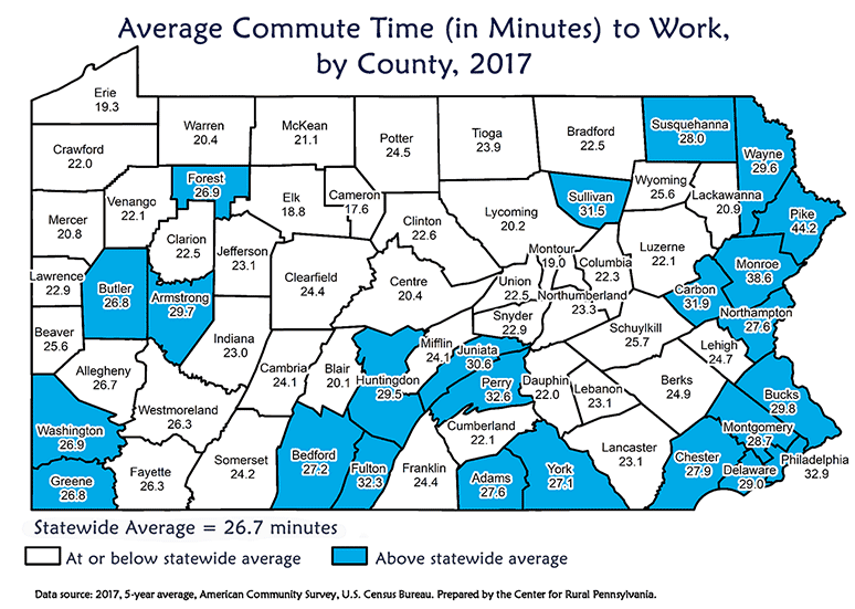 Pennsylvania Map Showing Average Commute Time (in Minutes) to Work, by County, 2017