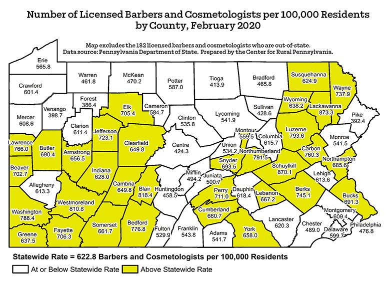 Pennsylvania Map Showing Number of Licensed Barbers and Cosmetologists per 100,000 Residents by County, February 2020