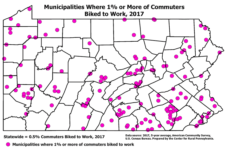 Pennsylvania Map Showing Municipalities Where 1% or More of Commuters Biked to Work, 2017