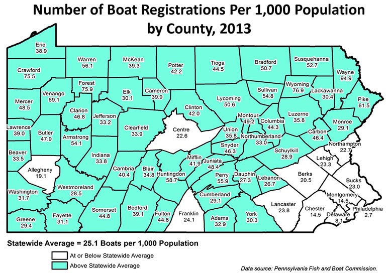 Number of Boat Registrations Per 1,000 Population by County, 2013