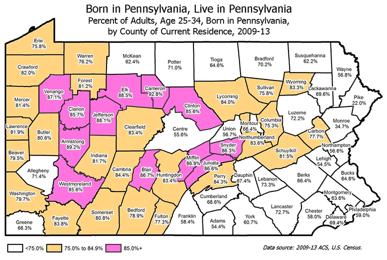 Born in Pennsylvania, Live in Pennsylvania - Percent of Adults, Age 25-34, Born in Pennsylvania, by County of Current Residence, 2009-13