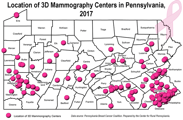 Pennsylvania Map Showing Location of 3D Mammography Centers in Pennsylvania, 2017