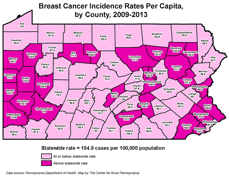 Breast Cancer Incidence Rates Per Capita, by County, 2009-2013