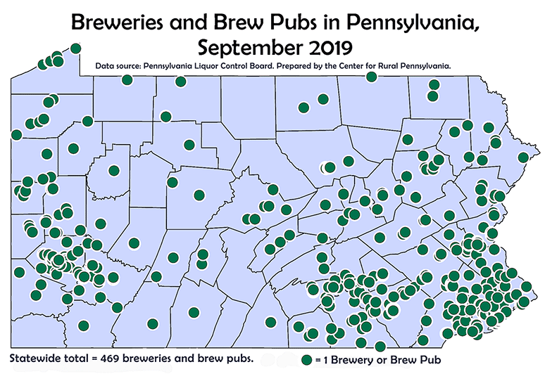 Map Showing Breweries and Brew Pubs in Pennsylvania, September 2019
