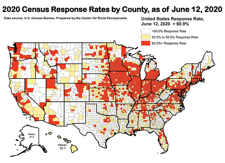 United States Map Showing 2020 Census Response Rates by County, as of June 12, 2020
