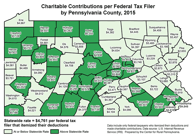 Pennsylvania Map Showing Charitable Contributions per Federal Tax Flier by Pennsylvania County, 2015