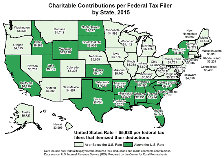 United States Map Showing Charitable Contributions per Federal Tax Flyer by State, 2015