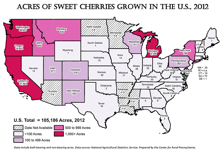 United States Map Showing Acres of Sweet Cherries Grown in the U.S., 2012