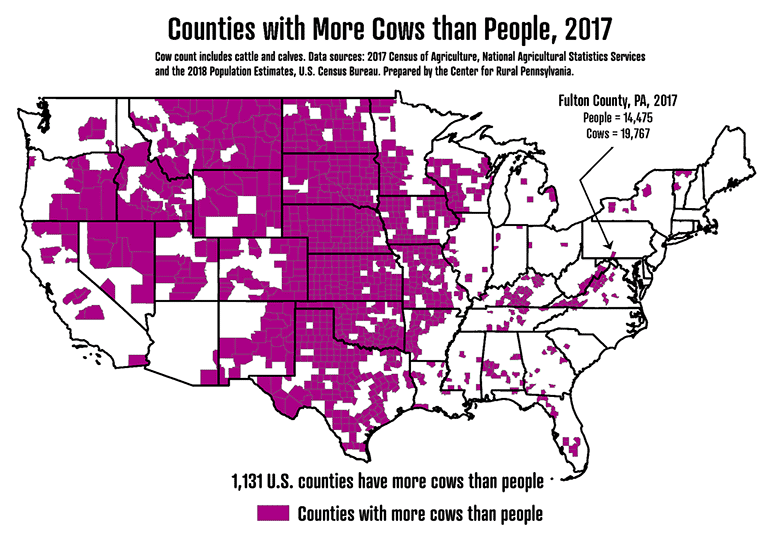 United States Map Showing Counties with More Cows than People, 2017
