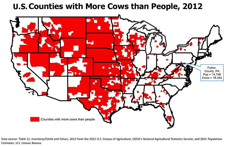 U.S. Counties with More Cows than People, 2012