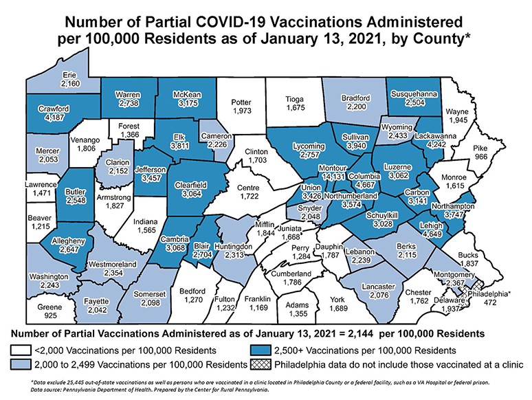 Pennsylvania Map: Number of Partial COVID-19 Vaccinations Administered per 100,000 residents as of January 13, 2021, by County