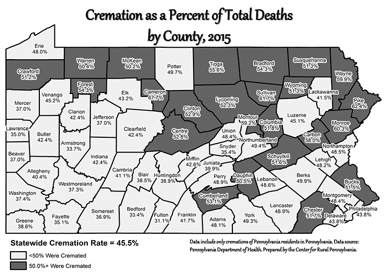 Map Showing Cremation as a Percent of Total Deaths by County, 2015