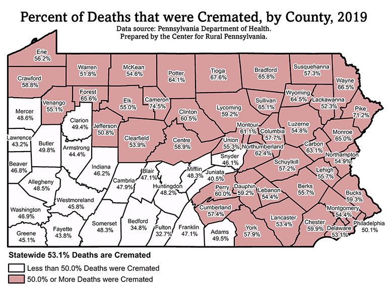 Pennsylvania Map: Percent of Deaths that were Cremated, by County, 2019