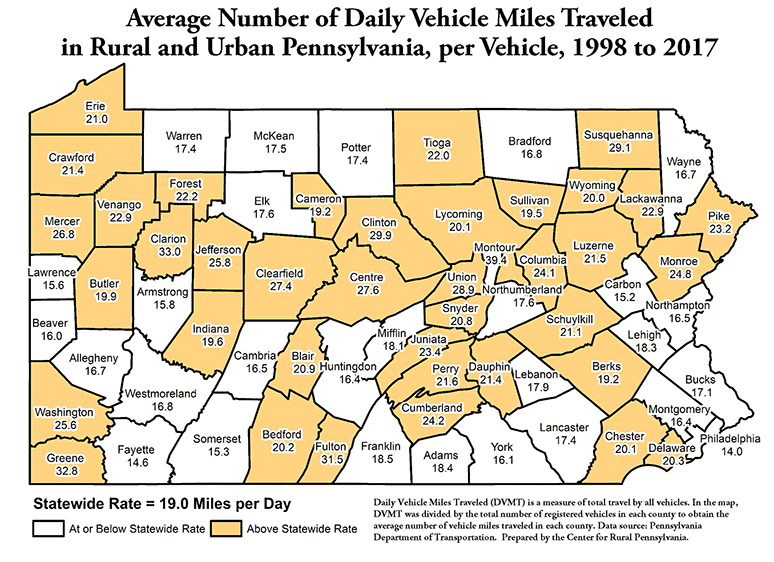 Pennsylvania Map Showing Average Number of Daily Vehicle Miles Traveled in Rural and Urban Pennsylvania, per Vehicle, 1998 to 2017
