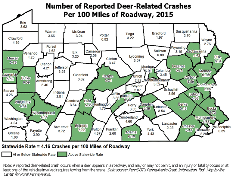 umber of Reported Deer-Related Crashes Per 100 Miles of Roadway, 2015