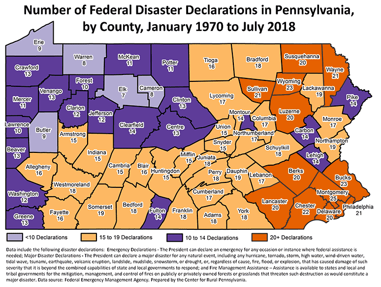 Map Showing Number of Federal Disaster Declarations in Pennsylvania, by County, January 1970 to July 2018