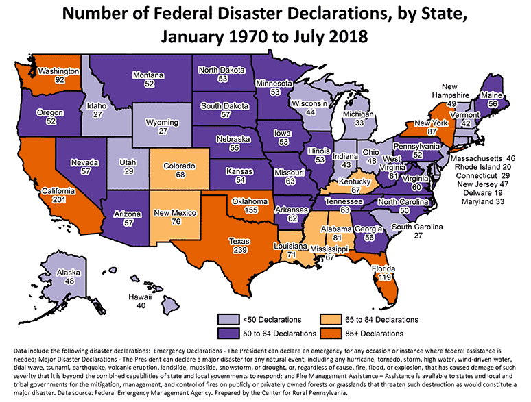 United States Map Showing Number of Federal Disaster Declarations, by State, January 1970 to July 2018