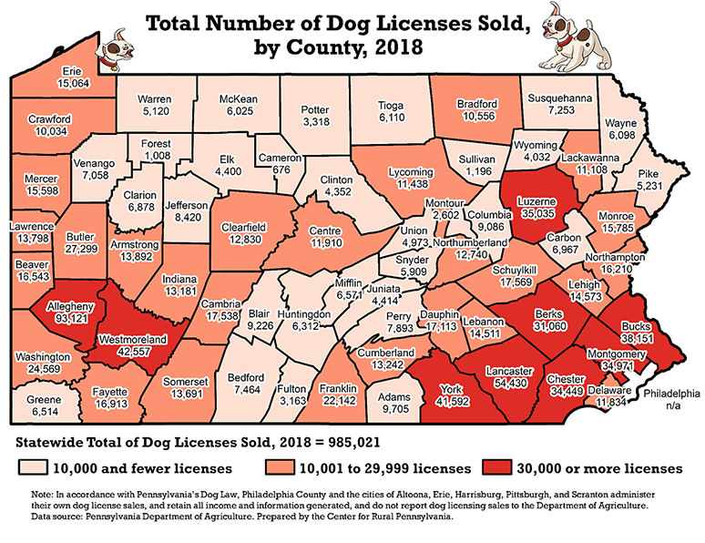 Pennsylvania Map Showing Total Number of Dog Licenses Sold, by County, 2018