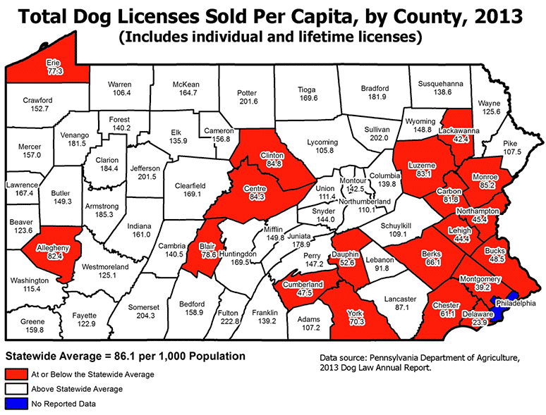 Total Dog Licenses Sold Per Capita, by County, 2013