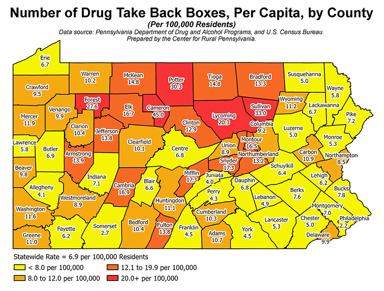 Pennsylvania Map: Number of Drug Take Back Boxes, Per Capita, by County