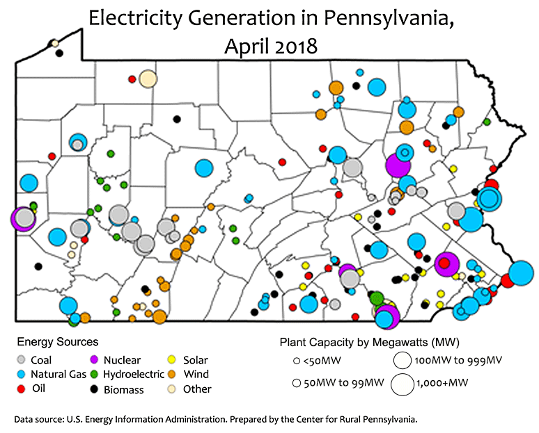 Map Showing Electricity Generation in Pennsylvania, April 2018