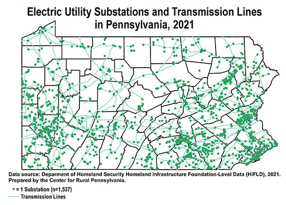 Map: Electric Utility Substations and Transmission Lines in Pennsylvania, 2021