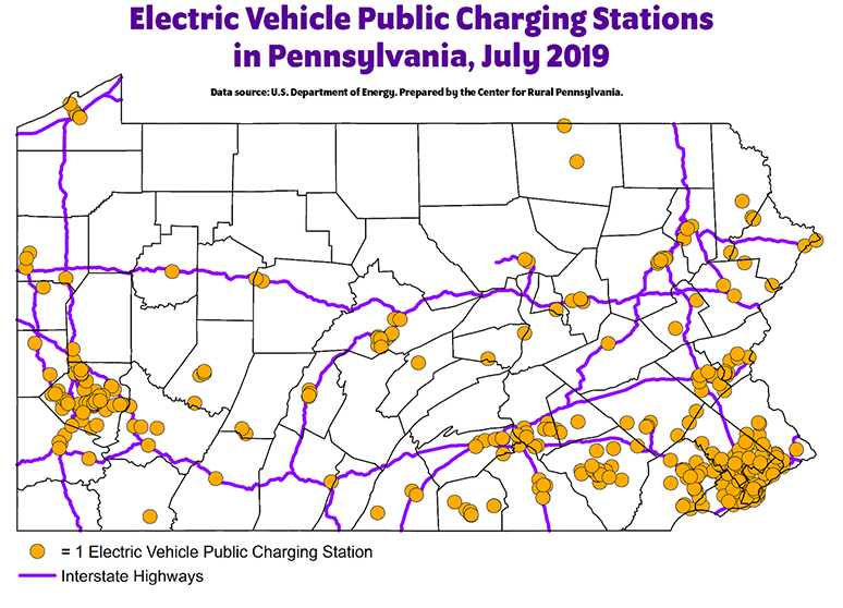 Map Showing Electric Vehicle Public Charging Stations in Pennsylvania, July 2019