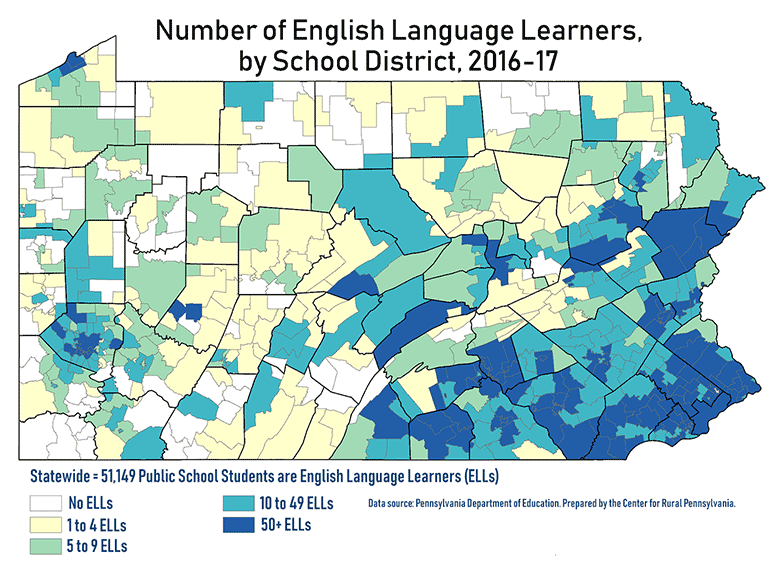 Pennsylvania Map Showing Number of English Language Learners, by School District, 2016-17