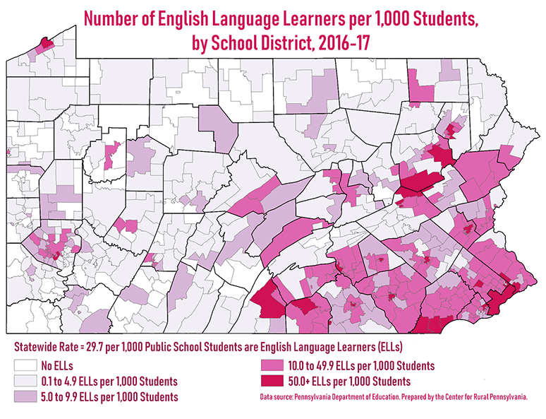 Pennsylvania Map Showing Number of English Language Learners per 1,000 Students, by School District, 2016-17