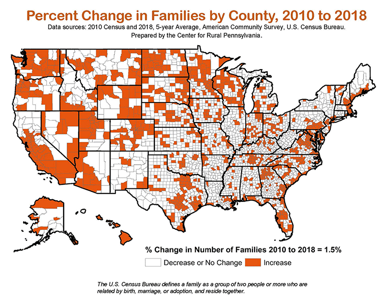 U.S. Map: Percent Change in Families by County, 2010 to 2018.