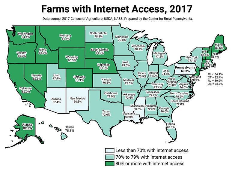 United States Map Showing Farms with Internet Access, 2017