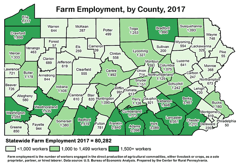 Pennsylvania Map Showing Farm Employment, by County, 2017