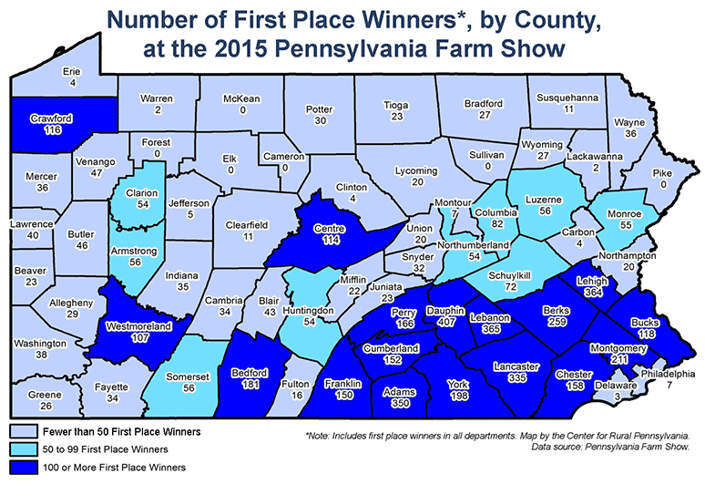 Number of First Place Winners*, by County, at the 2015 Pennsylvania Farm Show