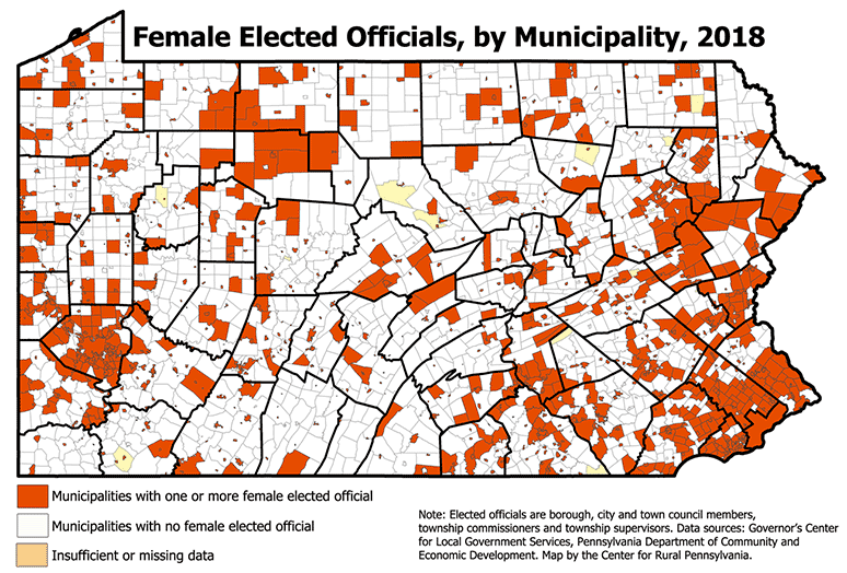 Pennsylvania Map Showing Female Elected Officials, by Municipality, 2018
