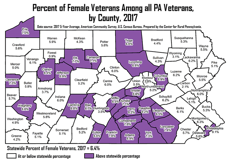 Map Showing Percent of Female Veterans Among all PA Veterans, by County, 2017
