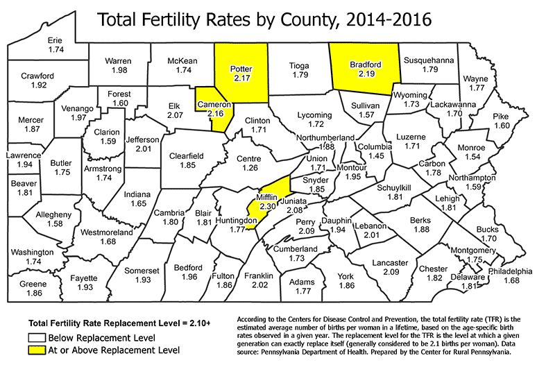 Pennsylvania Map Showing Total Fertility Rates by PA County, 2014-2016