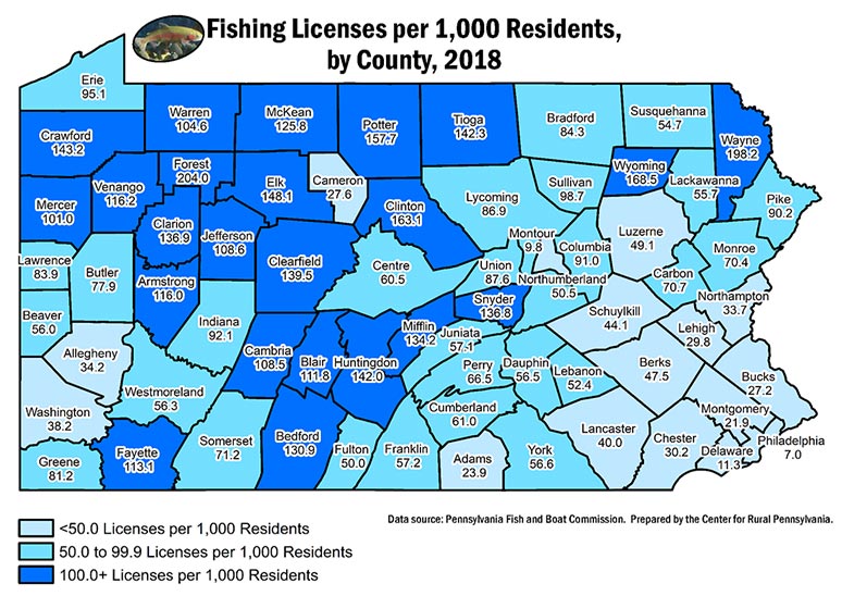 Pennsylvania Map Showing Fishing Licenses per 1,000 Residents, by County, 2018