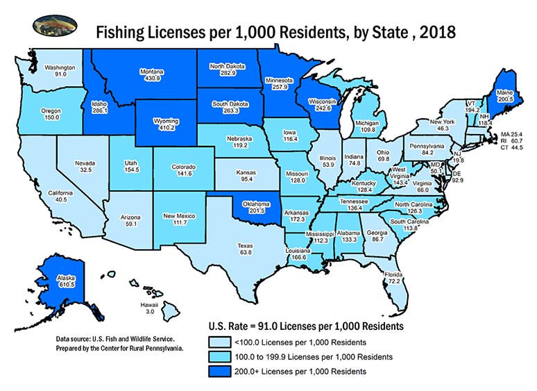 United States Map Showing Fishing Licenses per 1,000 Residents, by State, 2018