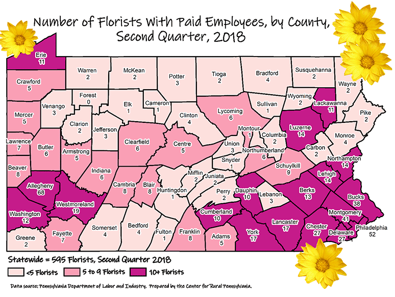 Pennsylvania Map Showing Number of Florists with Paid Employees, by County, Second Quarter, 2018